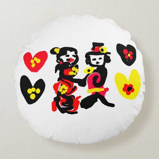 Almofada Redonda Flowers and black and red Valentine day (Frente)