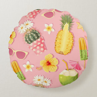 Almofada Redonda Flowers and exotic fruits vintage seamless pattern