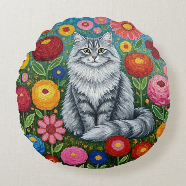 Almofada Redonda Fluffy Gray Striped Cat with Folk Art Flowers (Frente)