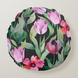 Almofada Redonda Fluxo floral de aquarela, lindo padrão sem costura