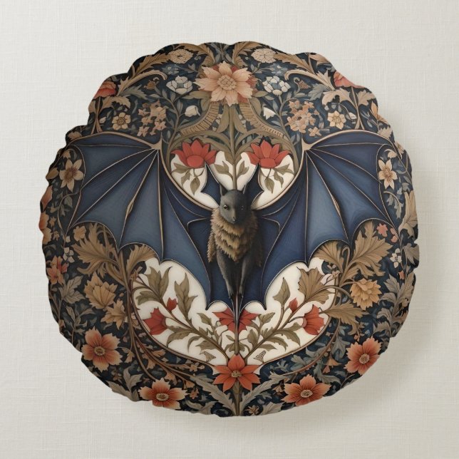 Almofada Redonda Flying Bat - Moderno William Morris Floral (Frente)