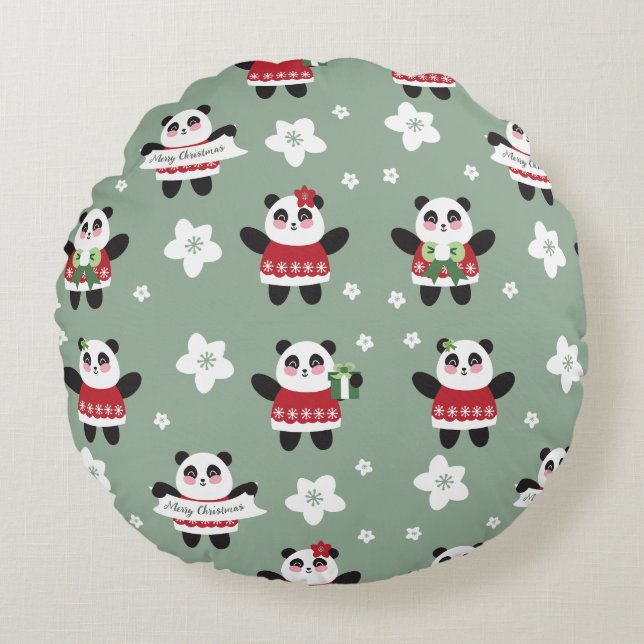 Almofada Redonda Fogueira de Natal Panda (Frente)