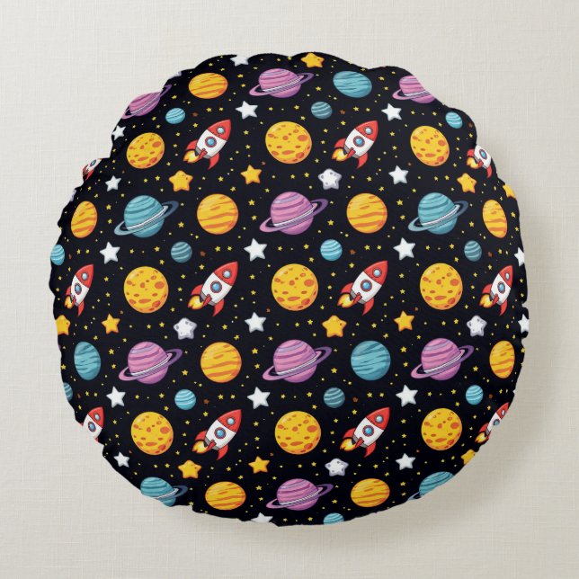 Almofada Redonda Foguetes De Desenho Animado E Planetas Para Quarto (Frente)
