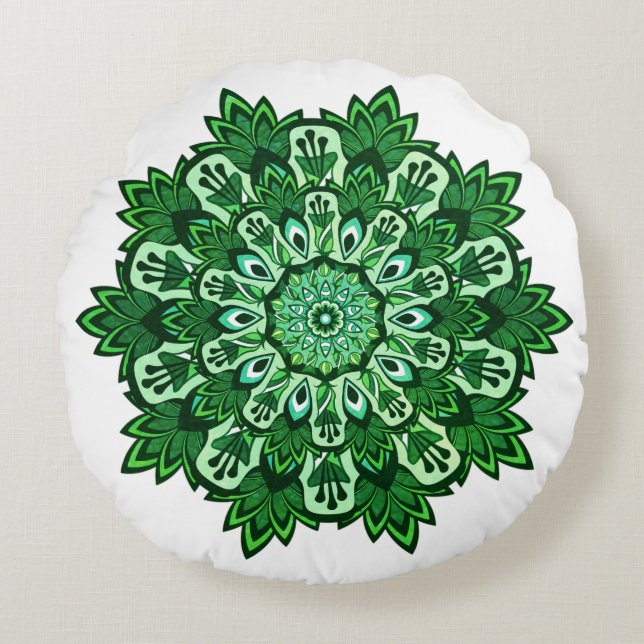 Almofada Redonda Folha tropical Mandala no White Boho (Frente)