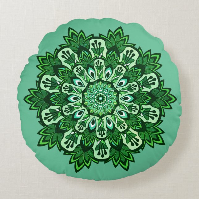 Almofada Redonda Folha Tropical Mandala sobre o Green Mist Boho (Frente)