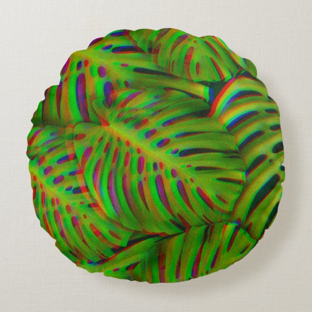 Almofada Redonda Folhas Arco-íris (Frente)