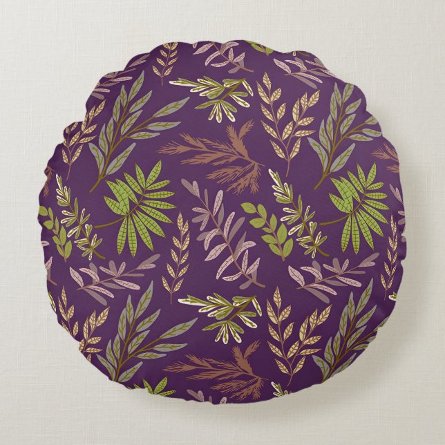 Almofada Redonda Folhas Botânicas: Um Fundo Roxo Impressionante (Frente)