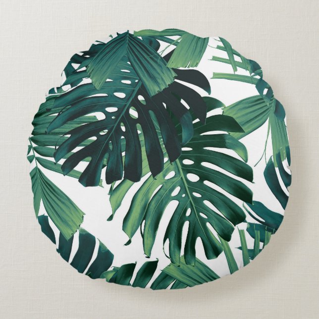 Almofada Redonda Folhas da Selva Tropical Monstera 1 (Frente)