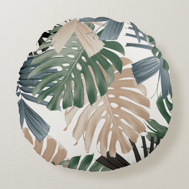 Almofada Redonda Folhas da Selva Tropical Monstera 3 (Frente)