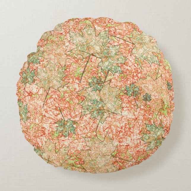 Almofada Redonda Folhas de abstrato acer com chão de coral arranhad (Frente)