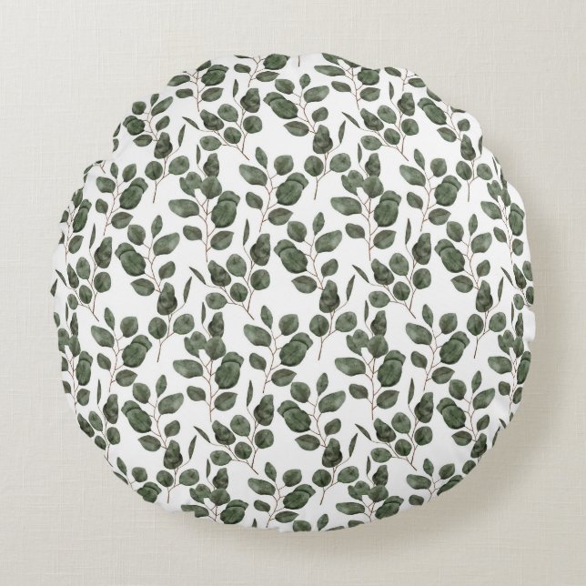 Almofada Redonda Folhas de Eucalipto Verde Botânico Branco Tendênci (Frente)
