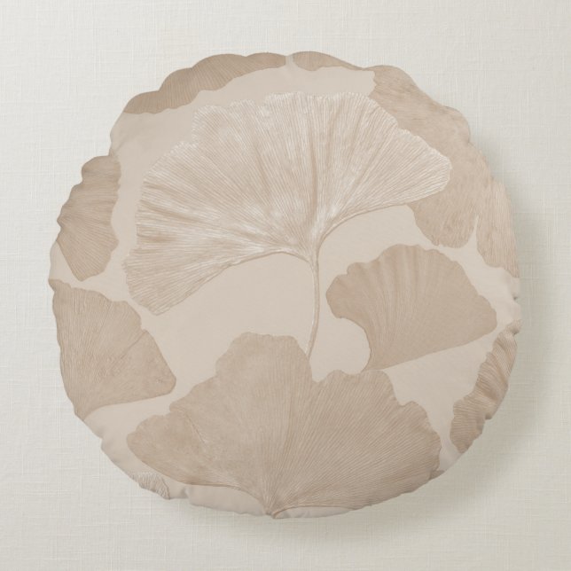 Almofada Redonda Folhas de Ginkgo Bege Sonho 2 (Frente)