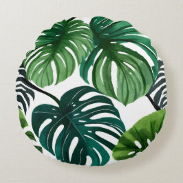 Almofada Redonda Folhas de Monstera Botânica Aquarela Moderna