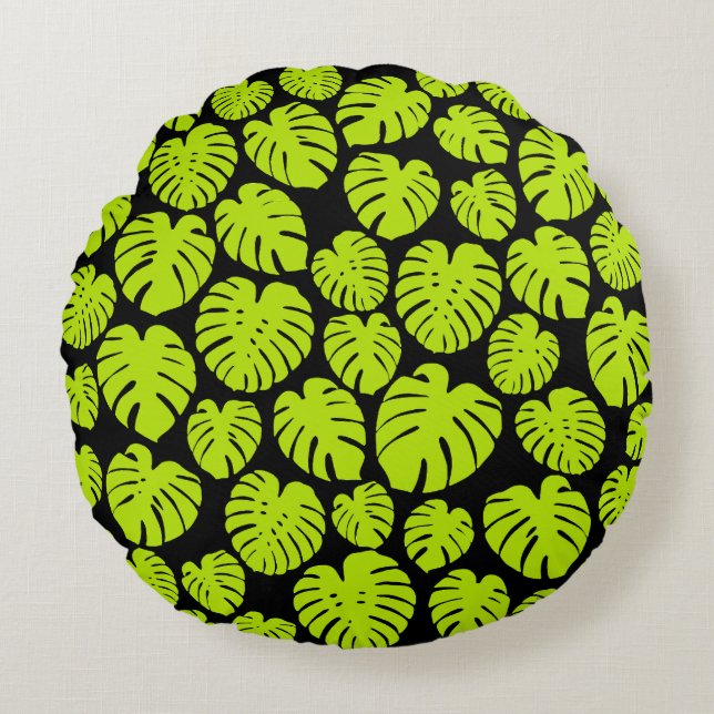 Almofada Redonda Folhas de Monstera em Verde limão e preto (Frente)