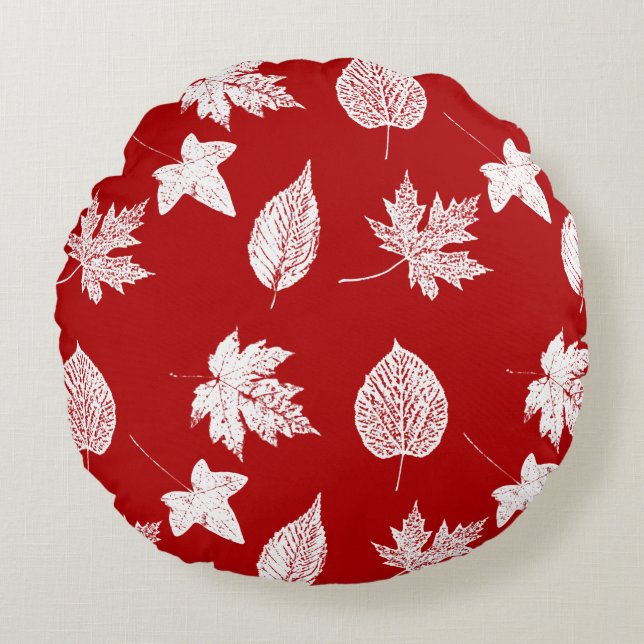 Almofada Redonda Folhas de outono - branco e vermelho escuro (Frente)
