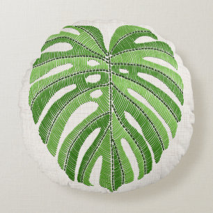 Almofada Redonda Folhas de palma bordadas. Monstera Tropical Verde
