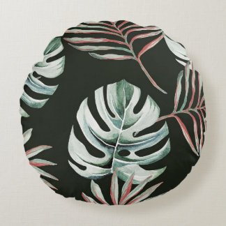 Almofada Redonda Folhas de palma, monstera: aquarela tropical.