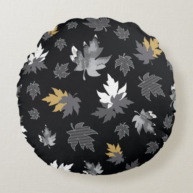 Almofada Redonda Folhas dispersas em preto (Frente)