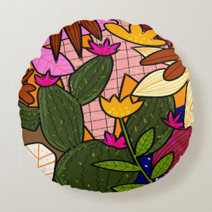 Almofada Redonda Folhas e flores abstrato tropicais