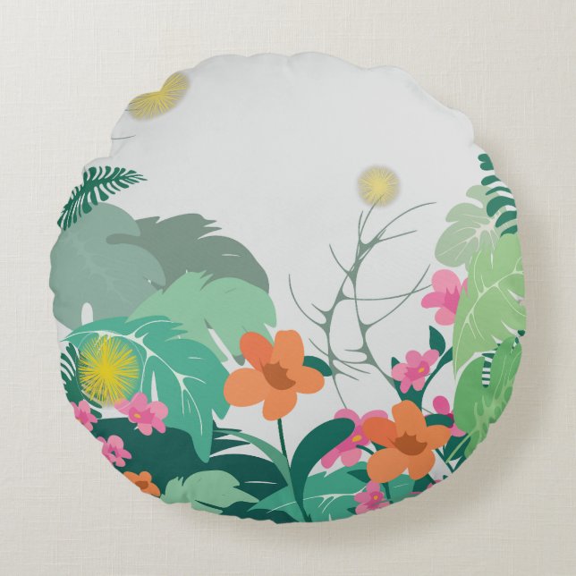 Almofada Redonda Folhas e Flores Tropicais Pastel (Frente)