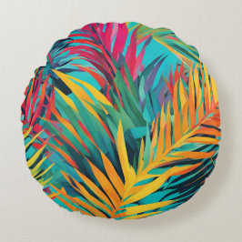 Almofada Redonda Folhas Tropicais Coloridas Palm Frontes Aqua Azul