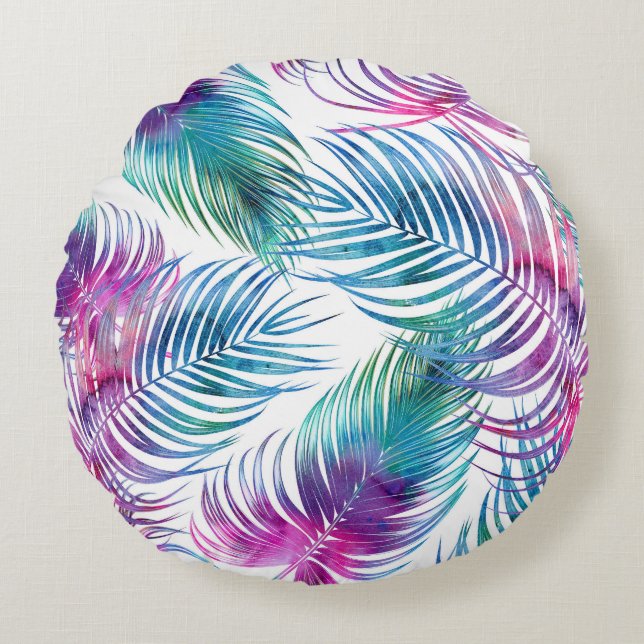 Almofada Redonda Folhas tropicais de palma, padrão floral de aquare (Frente)