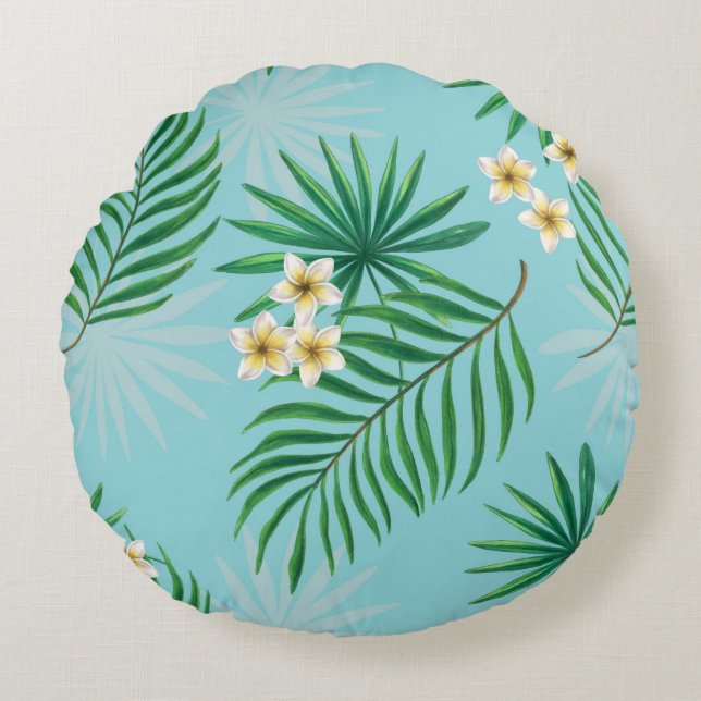 Almofada Redonda Folhas tropicais e flores (Frente)