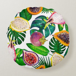 Almofada Redonda Folhas tropicais, frutas, padrão sem costura de gu