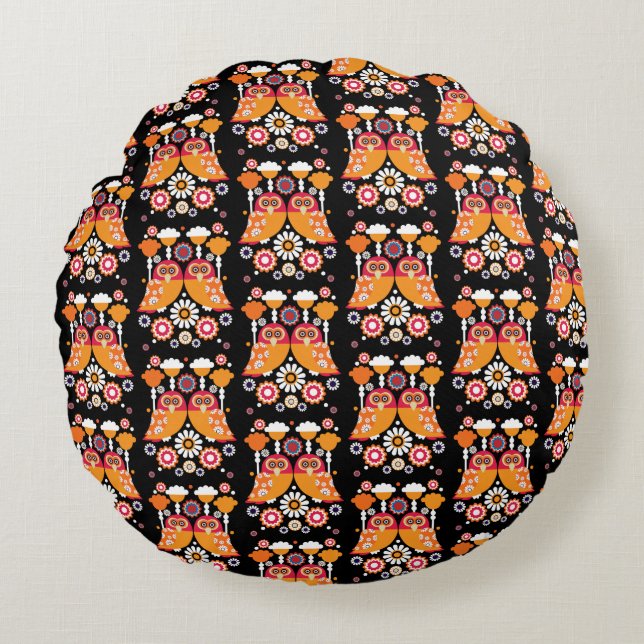 Almofada Redonda Folk Art Owl (Frente)