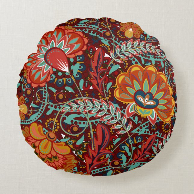 Almofada Redonda Formas florais densas de flores ornamentais de des (Frente)