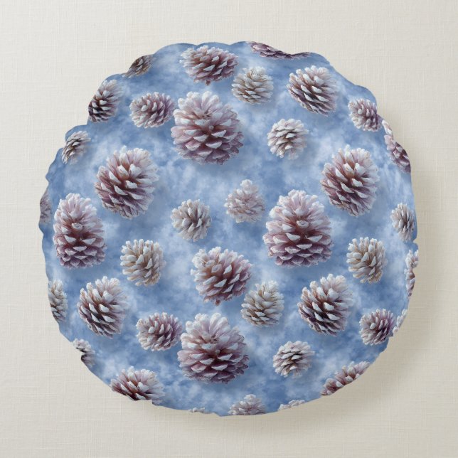 Almofada Redonda Fosco  Azul Pinecones Travesseiro decorativo Padrã (Frente)