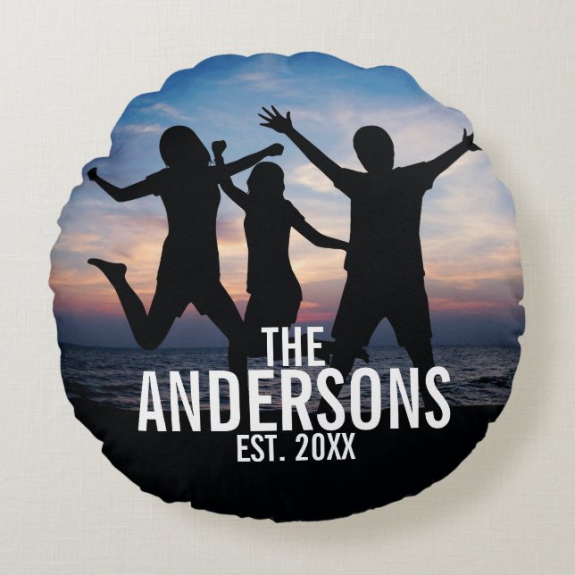 Almofada Redonda Foto personalizada da família com nome da família (Frente)