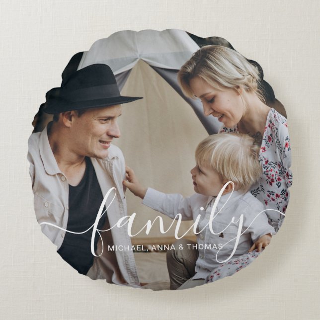 Almofada Redonda Foto personalizada da família com nome personaliza (Frente)