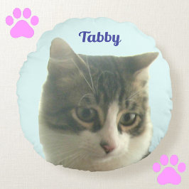 Almofada Redonda Foto personalizada de gato tabby em azul claro