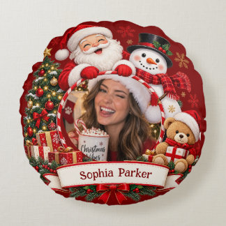 Almofada Redonda Foto Personalizada de Natal Nome Papai Noel Boneco