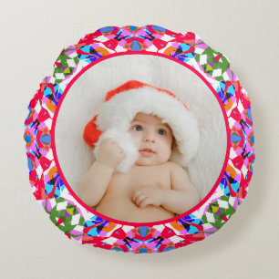 Almofada Redonda Foto Personalizada Feliz Natal Moderno Colorido