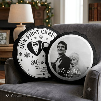 Almofada Redonda Foto personalizada preto e branco elegante primeir