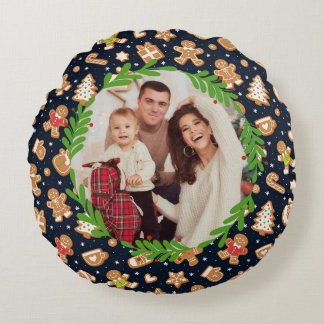Almofada Redonda Fotos Personalizadas Biscoito de Natal Azul-Marinh
