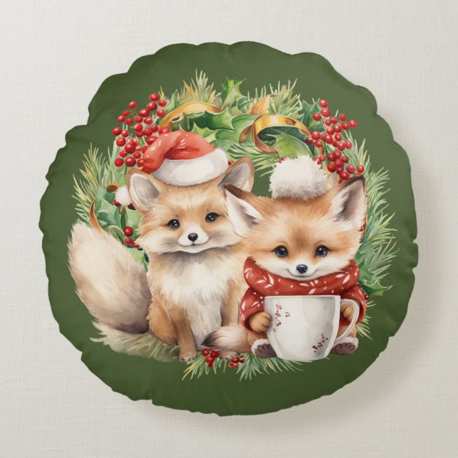 Almofada Redonda Fox Casal Winter Wreath Natal (Frente)