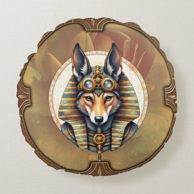 Almofada Redonda Fox Retrato de Steampunk Anubis (Frente)