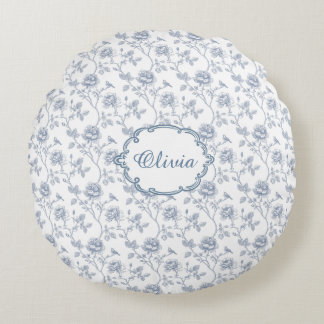 Almofada Redonda French Blue Toile Chinoiserie Floral Girls Name