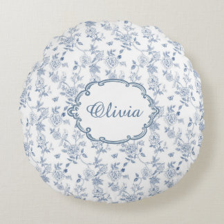 Almofada Redonda French Blue Toile Chinoiserie Floral Girls Name