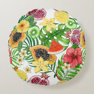 Almofada Redonda Frutas tropicais, flores e folhas em branco