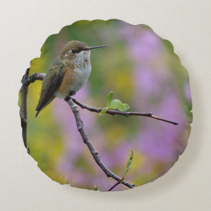 Almofada Redonda Fundo floral roxo rosa de beija-flor