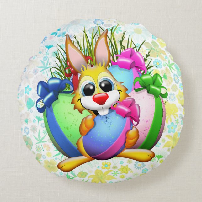 Almofada Redonda Funny Bunny biting an Easter Egg (Frente)
