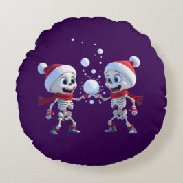 Almofada Redonda Funny Santa Skeletons Having a Snowball Fight 