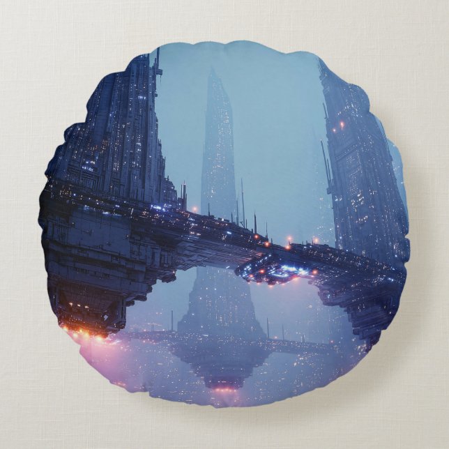 Almofada Redonda Futuristic Cityscape with Hovering Structures (Frente)