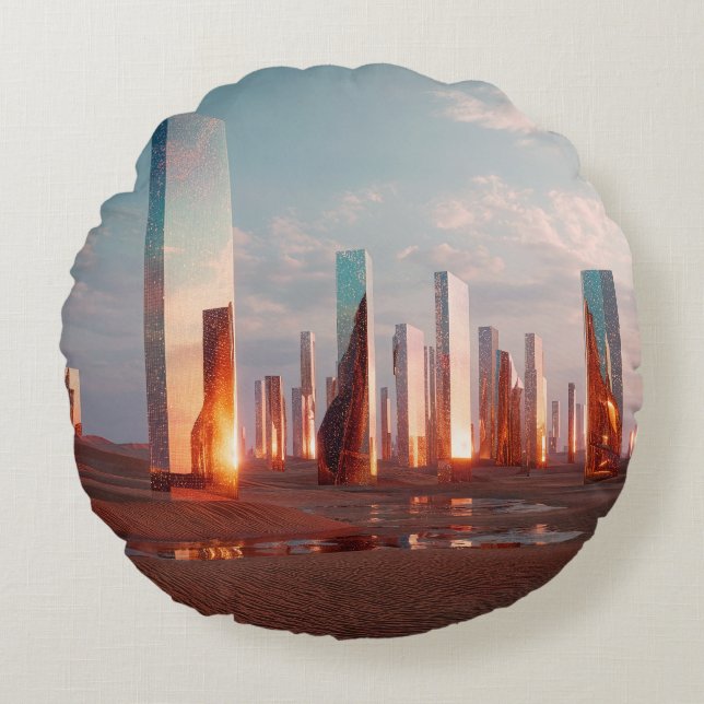 Almofada Redonda Futuristic Surreal Mirror Towers In Desert (Frente)