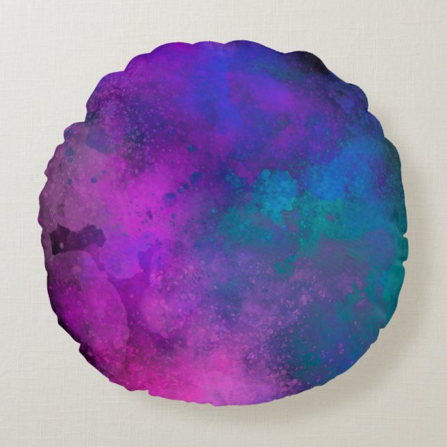 Almofada Redonda Galaxy Paint Splatter efeito rosa azul verde (Frente)