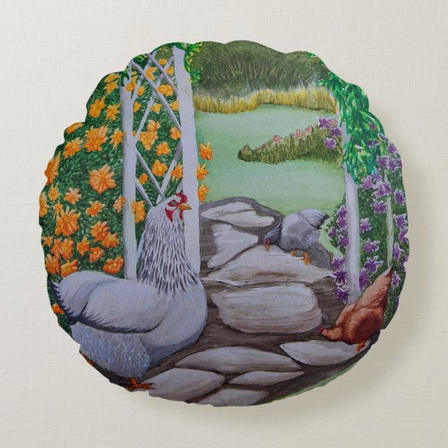 Almofada Redonda Galinhas Felizes (Frente)